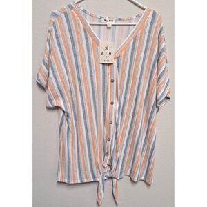 Blue Mood Top 3X Striped Tie Front Button Blouse Short Sleeve Plus Size